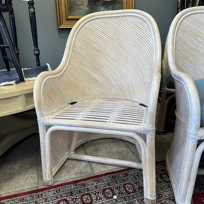 Four Vintage Coastal Rattan Chairs, Includes Blue Cushions. Sold together as a SET OF 4.