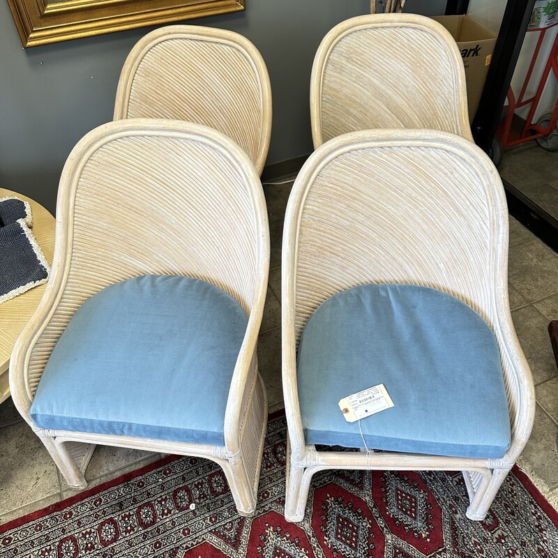 Four Vintage Coastal Rattan Chairs, Includes Blue Cushions. Sold together as a SET OF 4.