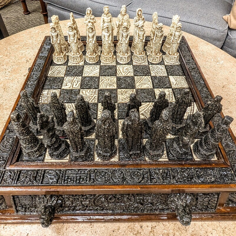 Aztec Resin Chess Set
Cream Brown Black Size: 18 x 18W
32 chess pieces included