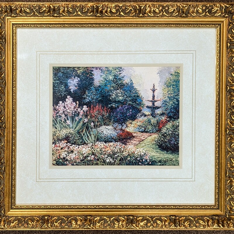 Fountain In Garden Artwork in Ornate Frame
Green Gold Multicolored Size: 21.5 x 19.5H