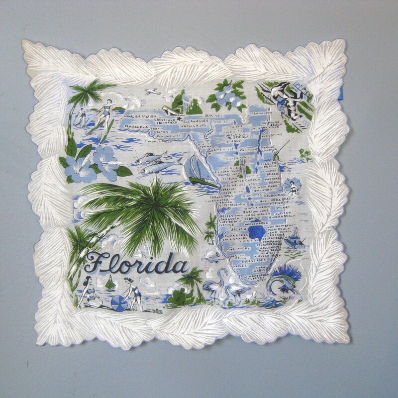 Absolutely charming crisp linen hanky depicting a the map of Florida with prominent places highlighted and all kinds of Florida Activities going on.

Pale gray background with blue and green markings.
aprox 12.5 square.
no fabric id
feels like very fine linen
has never been used or washed

thanks for looking!
#75930