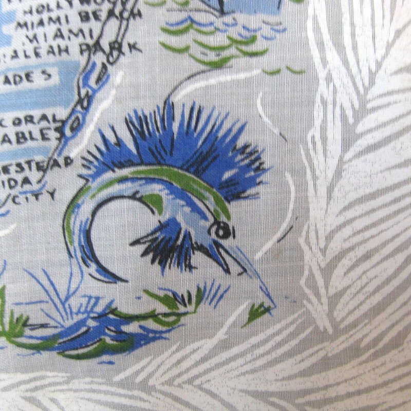 Absolutely charming crisp linen hanky depicting a the map of Florida with prominent places highlighted and all kinds of Florida Activities going on.

Pale gray background with blue and green markings.
aprox 12.5 square.
no fabric id
feels like very fine linen
has never been used or washed

thanks for looking!
#75930