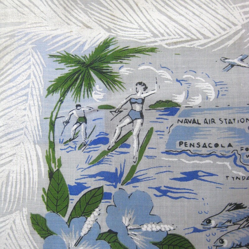 Absolutely charming crisp linen hanky depicting a the map of Florida with prominent places highlighted and all kinds of Florida Activities going on.<br />
<br />
Pale gray background with blue and green markings.<br />
aprox 12.5 square.<br />
no fabric id<br />
feels like very fine linen<br />
has never been used or washed<br />
<br />
thanks for looking!<br />
#75930