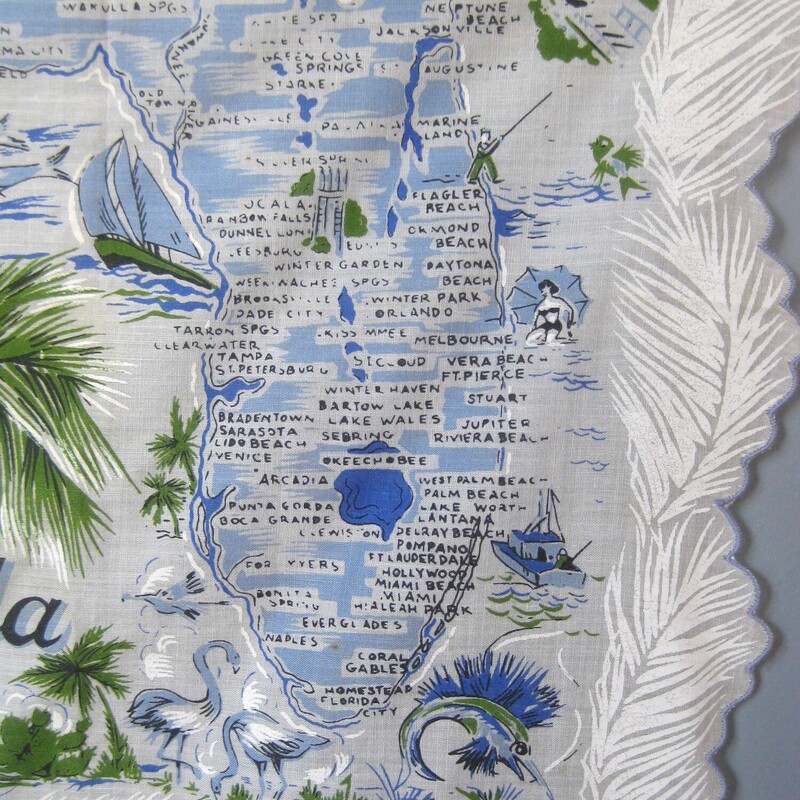 Absolutely charming crisp linen hanky depicting a the map of Florida with prominent places highlighted and all kinds of Florida Activities going on.<br />
<br />
Pale gray background with blue and green markings.<br />
aprox 12.5 square.<br />
no fabric id<br />
feels like very fine linen<br />
has never been used or washed<br />
<br />
thanks for looking!<br />
#75930