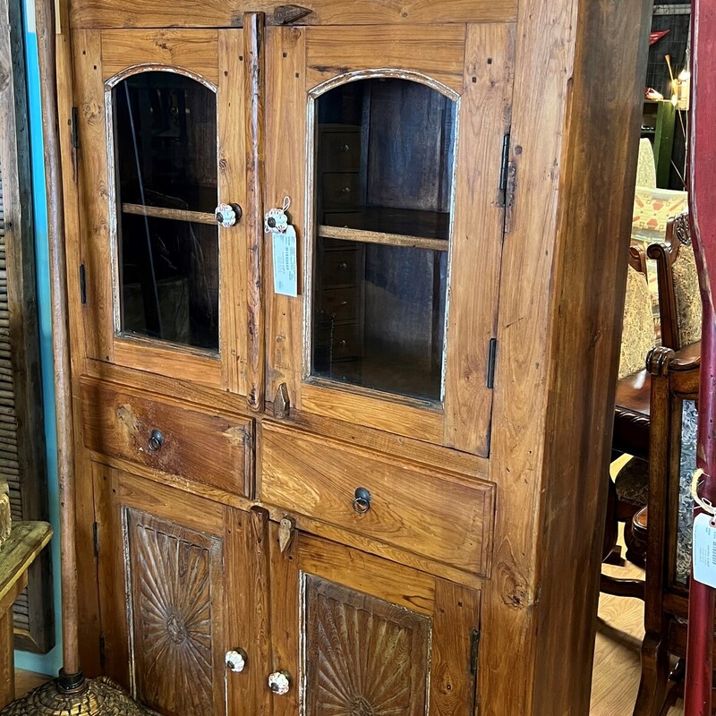 Antique 4 Door W Glass, Carved w/Tiles
45in wide x 16in deep x 75in tall