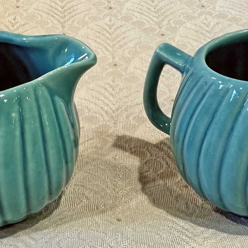 Tiny Green Pottery Sugar and Creamer
3 In x 4 In