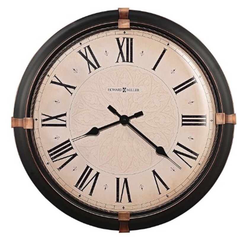 Howard Miller Atwater Wall Clock
Bronze with Copper Accent
Size: 24x3.5D
This Atwater Wall Clock is a metal clock with dark rubbed bronze finish and aged bronze accents at the 3, 6, 9 and 12 positions to compliment your home decor. The clock’s quartz movement makes a soft ticking noise without the use of chimes for a quieter environment.
Retail $399