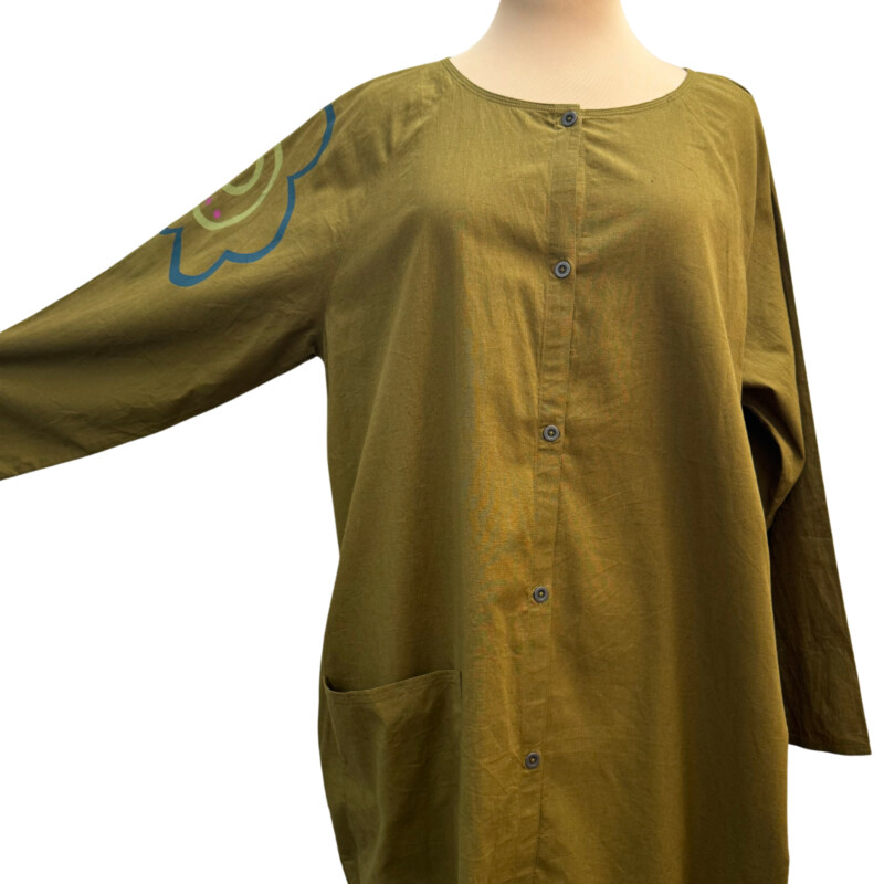 Gudrun Sjödén Dress<br />
Organic Cotton & Linen<br />
Painted Floral Design Accents<br />
One Large Front Pocket<br />
Color:  Olive with touches of Teal, Lime and Fuschia<br />
Size: Large