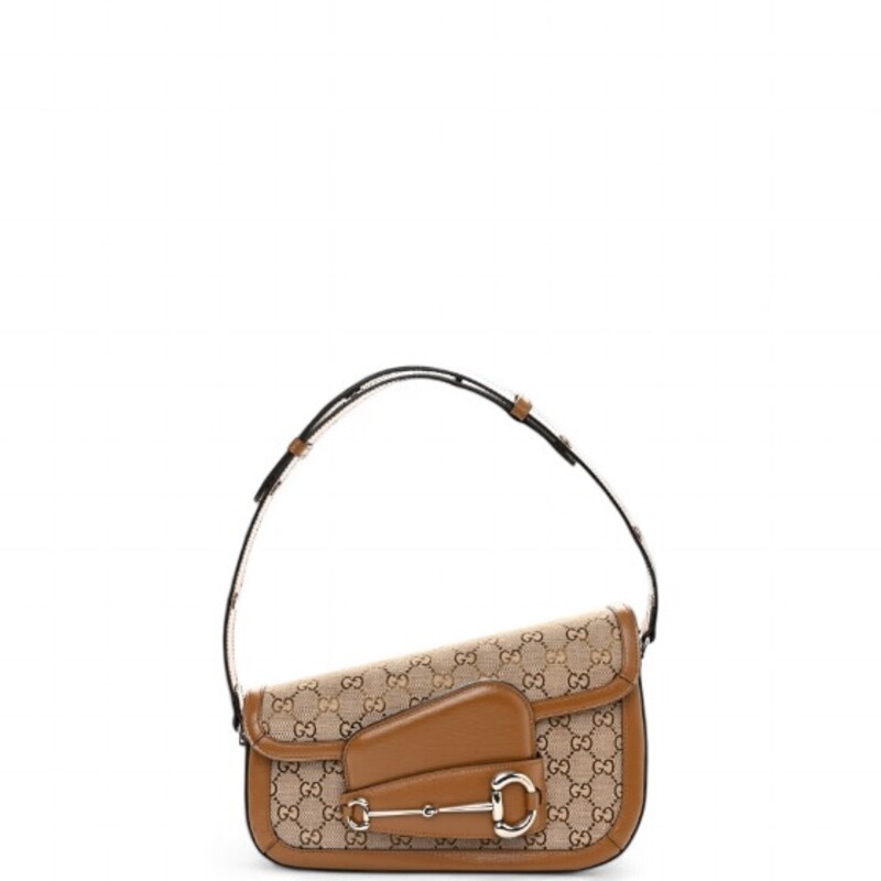 Gucc Horsebit 1955 Asymmetric Shoulder Bag
 Beige Brown Sugar
Gucci GG monogram fabric. The bag features a front flap with a silver horse-bit detail, and adjustable leather handle. The bag opens to a beige fabric interior with a zipper pocket.
Style Code: 764155. 520981
Dimensions:
Base length: 10.25 in
Height: 7 in
Width: 3 in
Drop: 7.25 in

Comes with dust bag and bag.