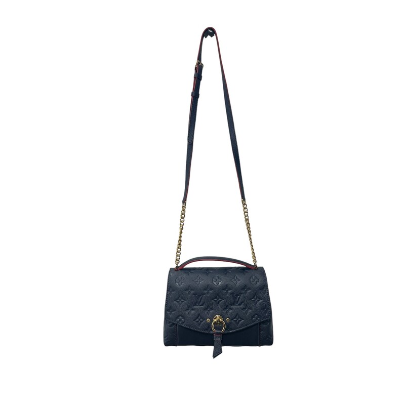 Louis Vuitton Shoulder Bag<br />
By Nicolas Ghesquière<br />
Rouge Empreinte Leather<br />
LV Monogram<br />
Brass Hardware<br />
Single Adjustable Shoulder Strap<br />
Single Exterior Pocket<br />
Canvas Lining & Dual Interior Pockets<br />
Push-Lock Closure at Front<br />
<br />
Dimensions: Shoulder Strap Drop: 20.75<br />
Height: 6.25<br />
Width: 8.75<br />
Depth: 2.5<br />
<br />
Date Code : SD 2128<br />
<br />
Comes with dust bag.