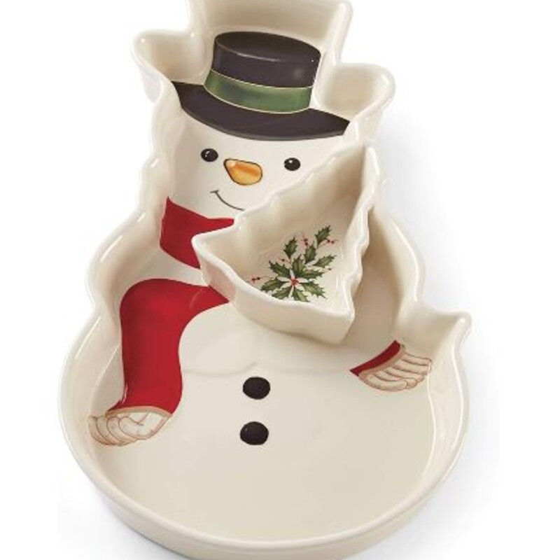 Lenox Snowman Chip N Dip Platter
Cream Red and Green
Size: 9.5 x 17L