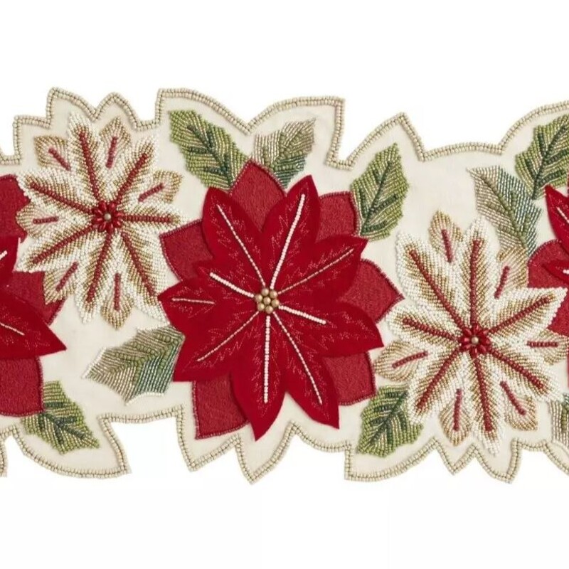 World Market Beaded Poinsettia Runner
Xmas colors Gold Size: 13.5 x 35L