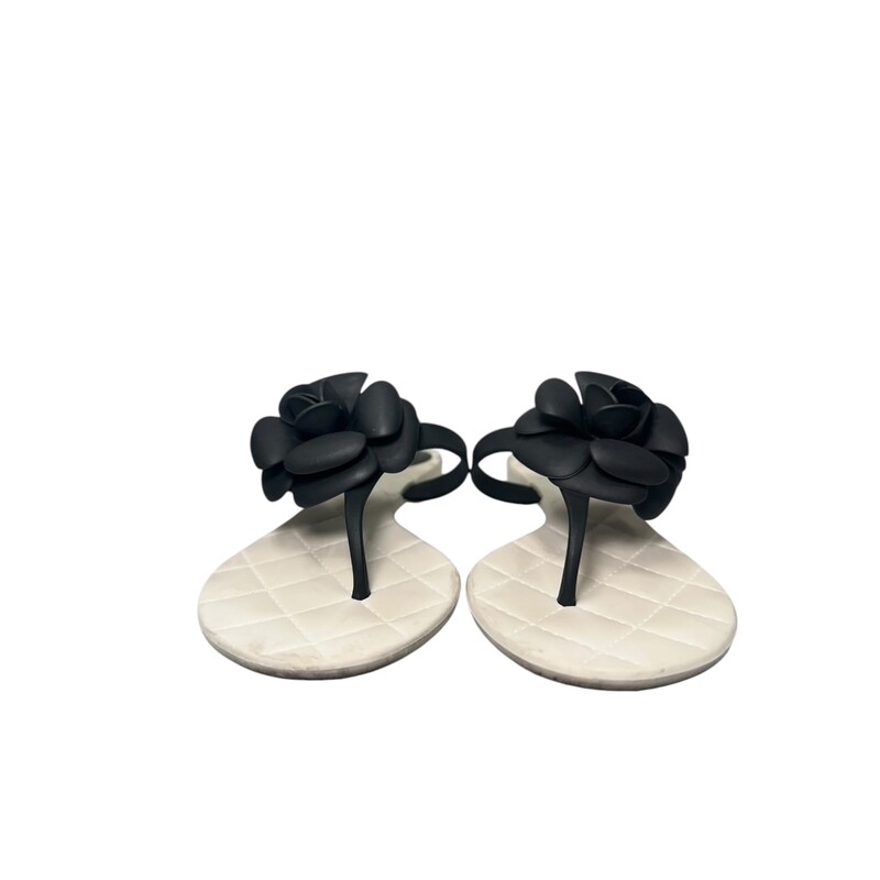 Chanel Camellia Sandals<br />
 White and Black<br />
Size: 36