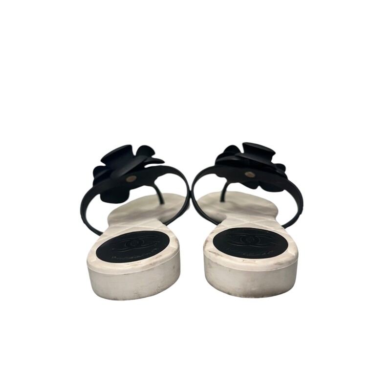 Chanel Camellia Sandals<br />
 White and Black<br />
Size: 36