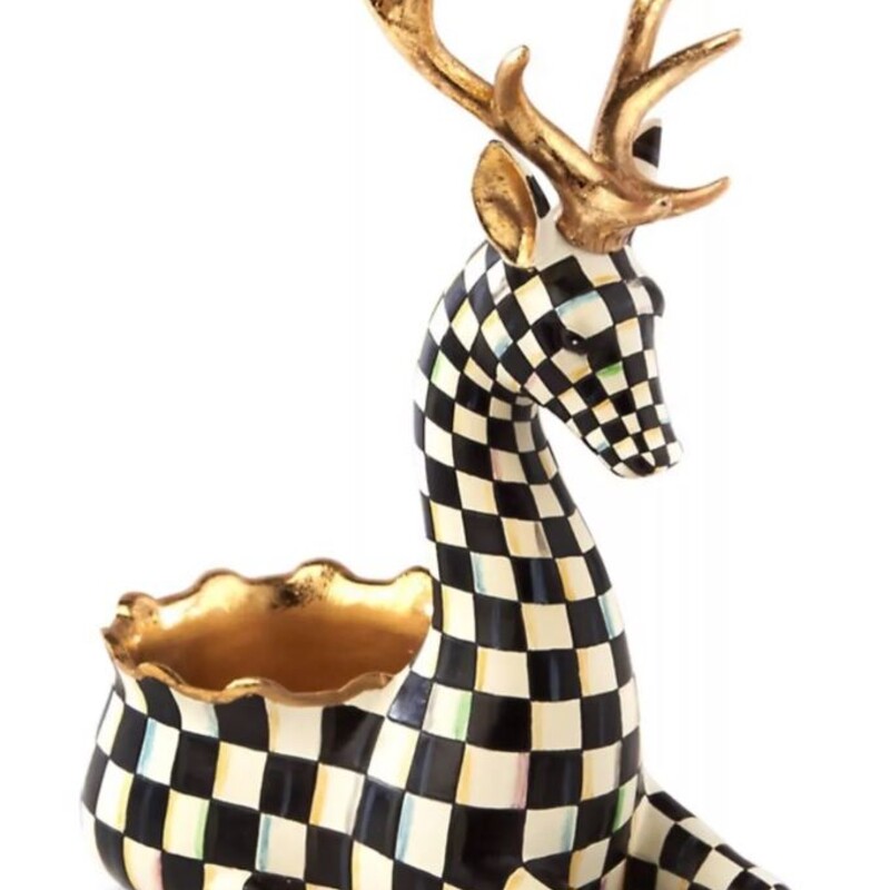 Mackenzie Childs Courtly Check Reindeer  Planter
Black White Gold Size: 9.5 x 12H
Box included