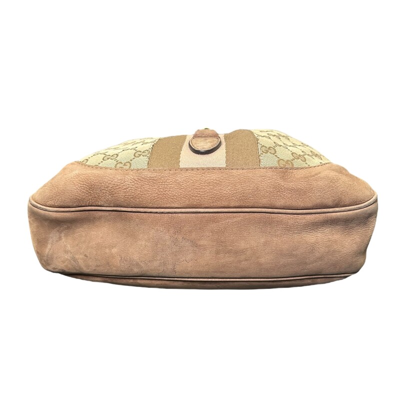 Gucci Beige Canvas And Leather Jackie Hobo<br />
Canvas with suede trim<br />
Dimensions: 12.5W x 9H x 3D<br />
8.5-9.5 handle drop<br />
9.5-10.5 strap drop<br />
Style Code :277520 493075<br />
Some interior marks<br />
Comes with strap extension<br />
Comes with dust bag<br />
Rub marks shown in photos