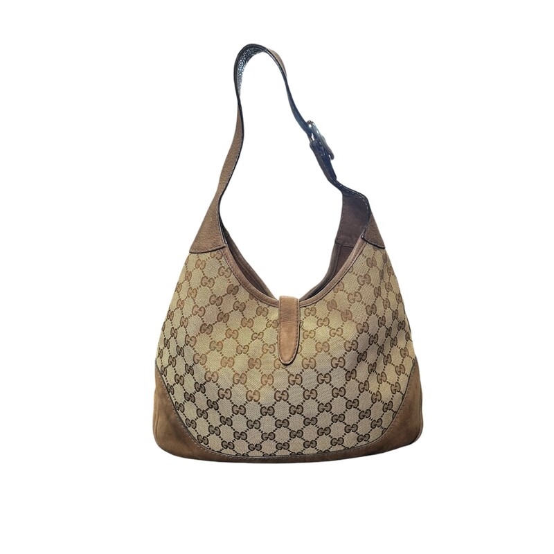 Gucci Beige Canvas And Leather Jackie Hobo<br />
Canvas with suede trim<br />
Dimensions: 12.5W x 9H x 3D<br />
8.5-9.5 handle drop<br />
9.5-10.5 strap drop<br />
Style Code :277520 493075<br />
Some interior marks<br />
Comes with strap extension<br />
Comes with dust bag<br />
Rub marks shown in photos