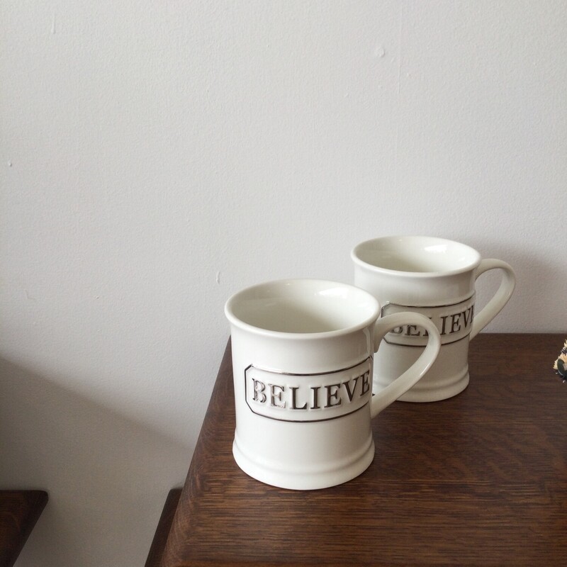 Believe Mug,
Cream/Silver,
Size: 4.5 X 5 In