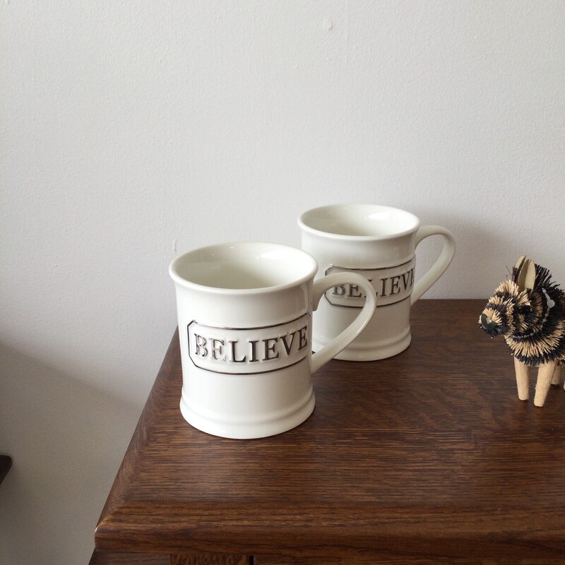 Believe Mug,
Cream/Silver,
Size: 4.5 X 5 In