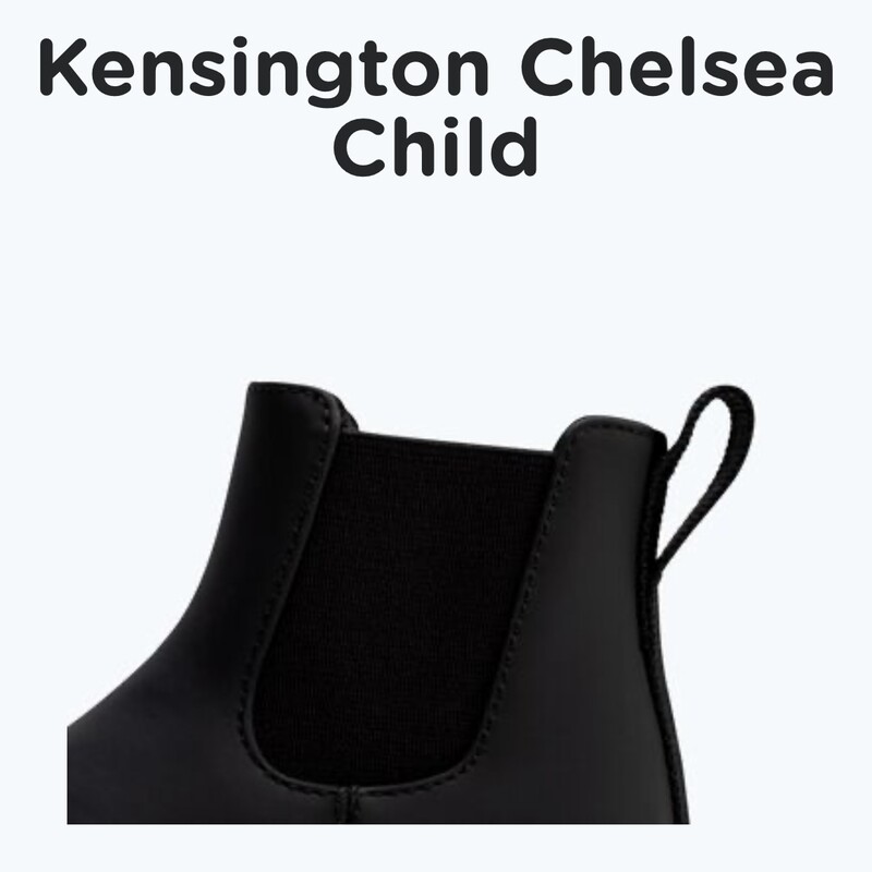 Kensington Chelsea Little Kid, Jiffy Black, Size: C6<br />
<br />
Meet our latest take on the adventure-ready Kensington Chelsea boot. Upgraded with a new upper made from Susterra, a corn-based PU, rubber mudguard for extra durability and protection (goodbye, toe scuffs), along with stretchy elastic side panels to make putting them on a breeze. To top it off, we’ve given this boot a rubber outsole for superior traction in all weather conditions.<br />
Materials<br />
Corn-based PU Upper<br />
Rubber Mudguard<br />
Elastic Side Panels<br />
Treklite TPR Outsole<br />
Open Cell Foam Insole