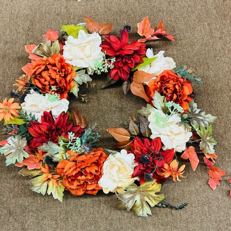 Fall Floral Leafy Wreath
Red, White, Orange
 Size: 24 Diameter