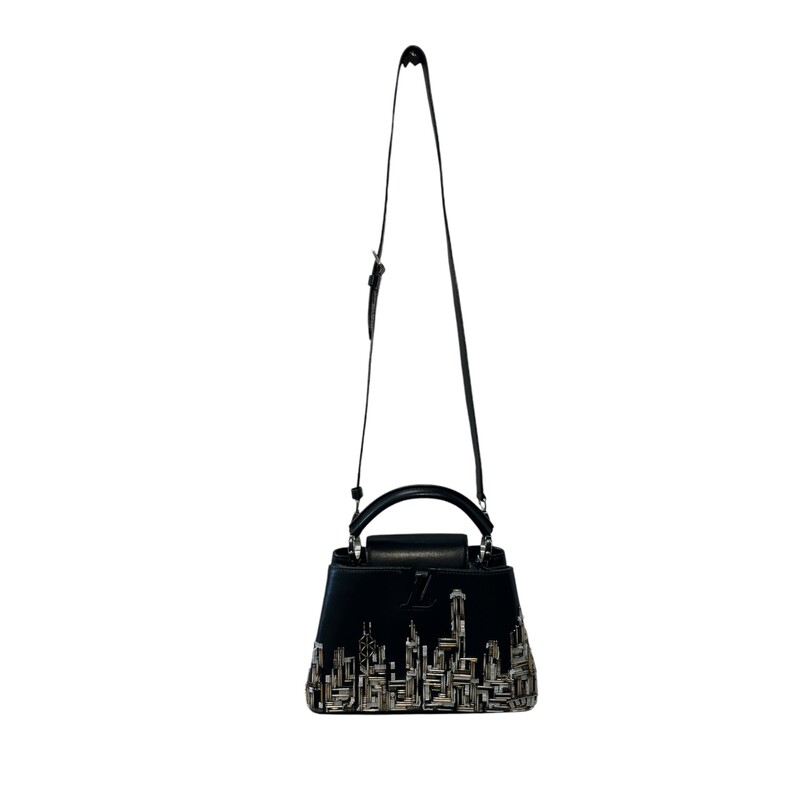 Louis Vuitton Capucines BB New York City Beaded<br />
<br />
Dimensions:<br />
10.6 x 7.1 x 3.5 inches<br />
(length x Height x Width)<br />
<br />
Limited edition Capucines Handbag Limited Edition City Beaded Leather BB New York<br />
Protective wrapping on the lv and zipper<br />
<br />
Note: Light indentation on the back of the leather from storage.<br />
<br />
Date Code: SP4146