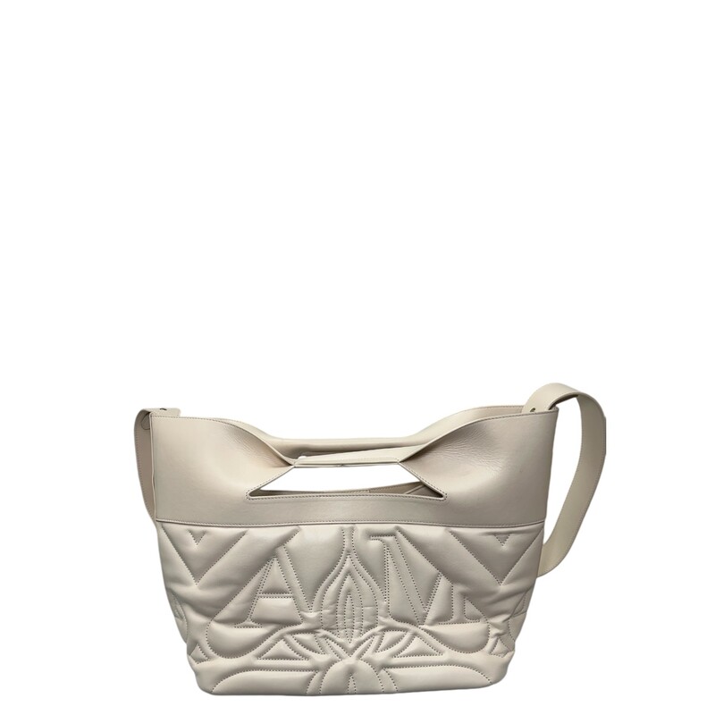 Alexander Mcqueen The Bow Bag<br />
 Cream<br />
Size: Large<br />
<br />
Note: Light scuffs on the bottom<br />
Number written on inside of the tote by store<br />
<br />
Dimensions:<br />
HEIGHT: 43 cm / 16.9<br />
WIDTH: 63 cm / 24.8<br />
DEPTH: 23 cm / 9.1<br />
<br />
Does not come with original dustbag or box.