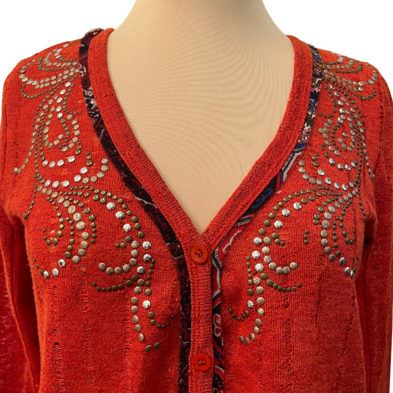 Miss Me Boho Cardigan<br />
Beautiful Back Detail<br />
Colors:  Orange, Navy and White<br />
Size: Small