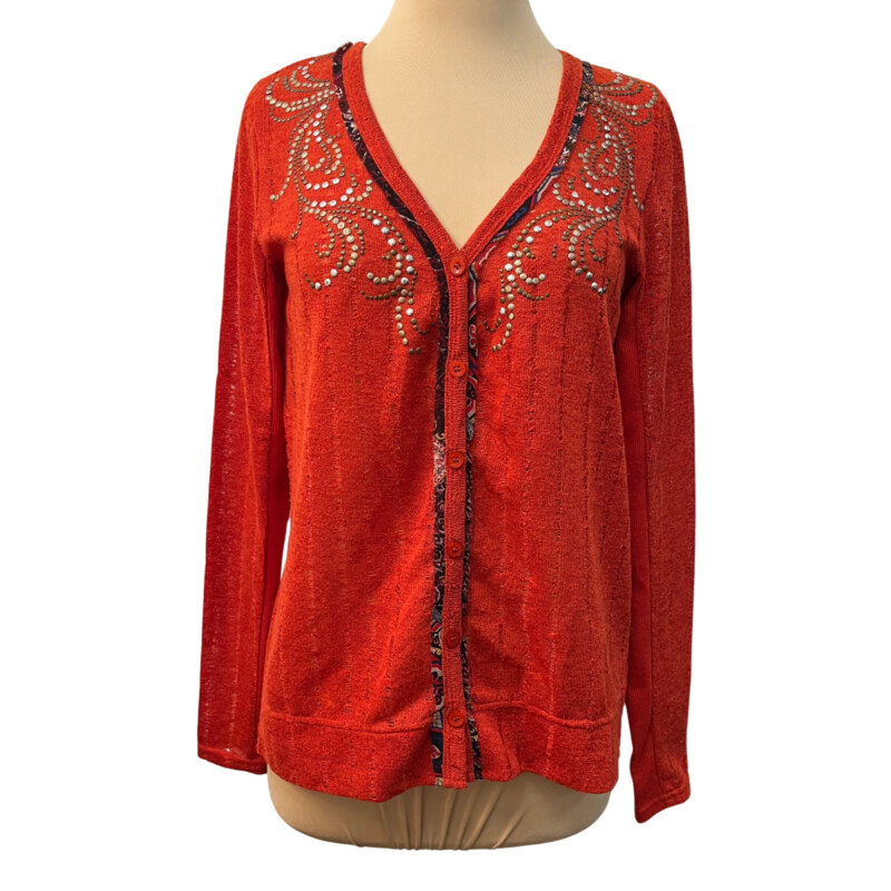 Miss Me Boho Cardigan<br />
Beautiful Back Detail<br />
Colors:  Orange, Navy and White<br />
Size: Small