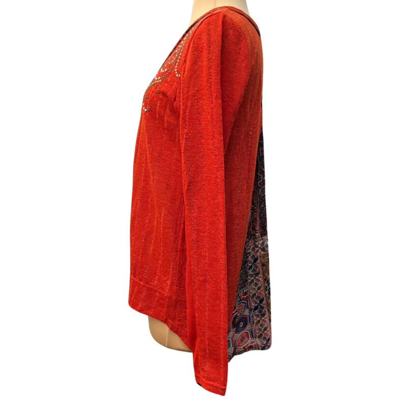 Miss Me Boho Cardigan<br />
Beautiful Back Detail<br />
Colors:  Orange, Navy and White<br />
Size: Small