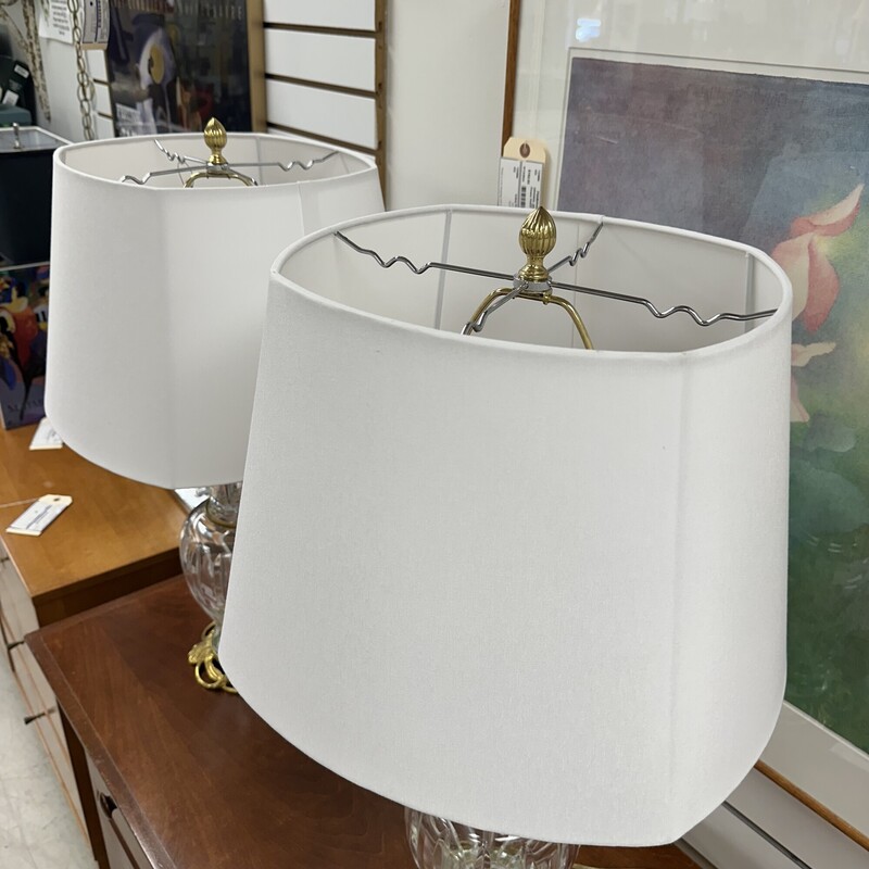 Two Table Lamps, Heavy Crystal with Brass(?) Accents. Includes two newer lamp shades.
Size: 28in H