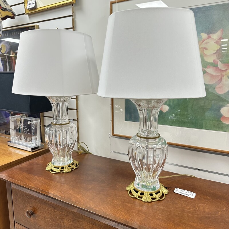 Two Table Lamps, Heavy Crystal with Brass(?) Accents. Includes two newer lamp shades.
Size: 28in H