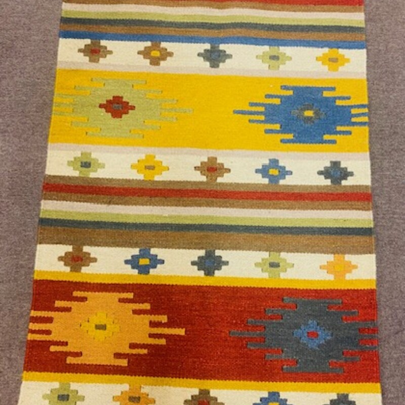 Aztec India Wool Rug
Red Yellow Brown Blue with
Cream Fringer
Size: 3x5
Made in India