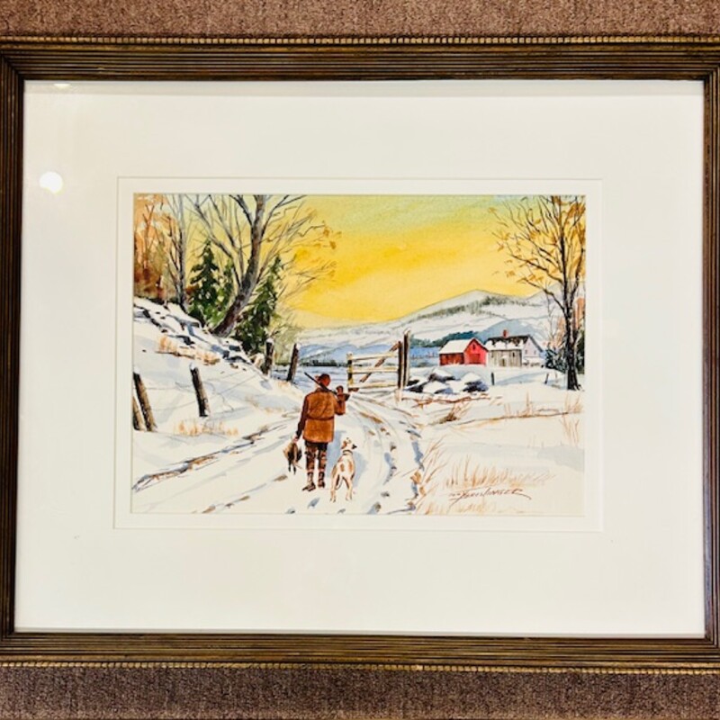 Hunting on Farm Watercolor
White Yellow Brown Red in Gold Black Frame
Size: 24x20H