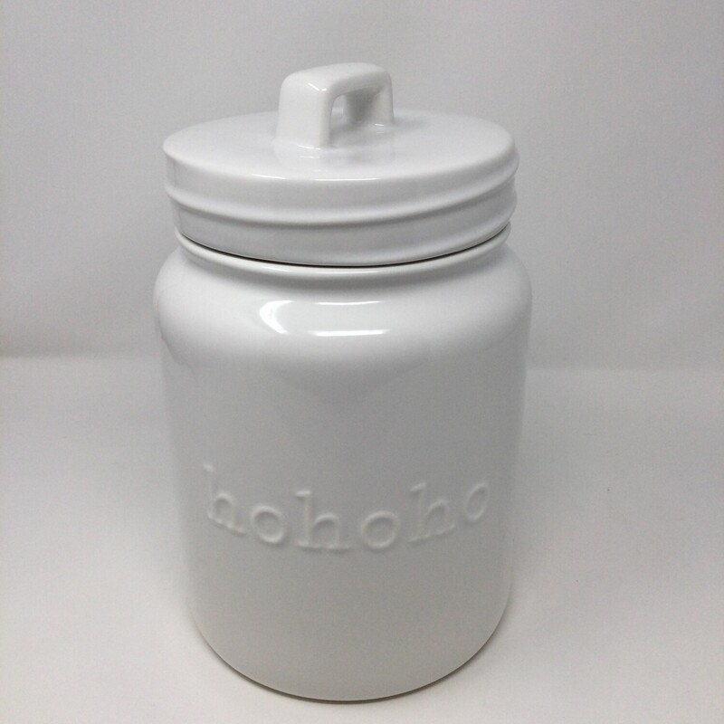 HO HO HO Ceramic Canister,
Cream,
Size: 11 X 7 In