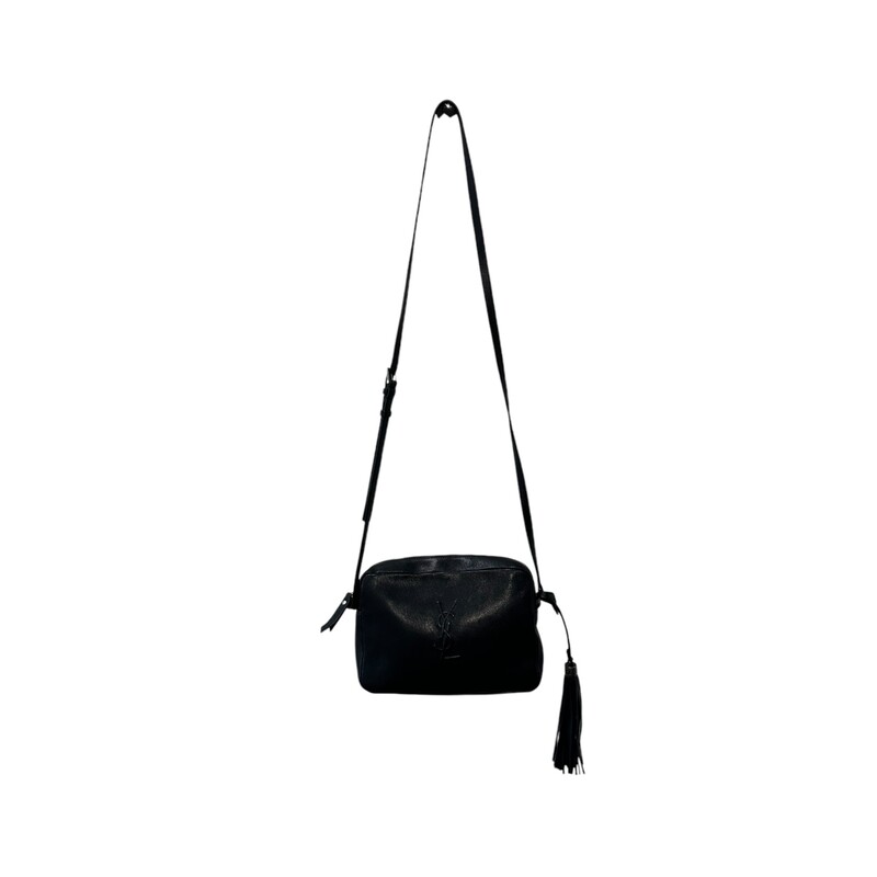 Saint Laurent Calfskin Monogram Lou Camera Bag<br />
<br />
This beautiful luxury bag is crafted of smooth lambskin leather in dark grey with silver hardware.<br />
Dimensions: 8Lx 6H<br />
Some minor scartching<br />
Removable tassel<br />
Style Code: FLY470299.1017