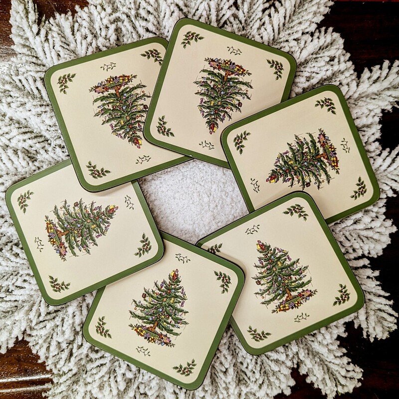 Set of 6 Spode Tree Coasters
 White, Green, Red
Size: 4x4H