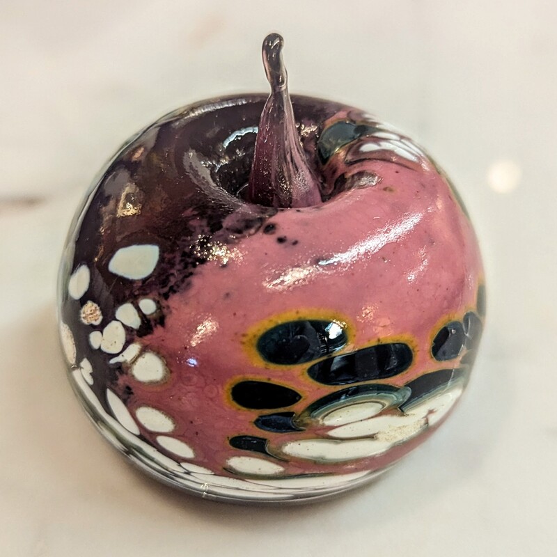 Glass Apple Paperweight
Purple, White, Green
Size: 3x3H