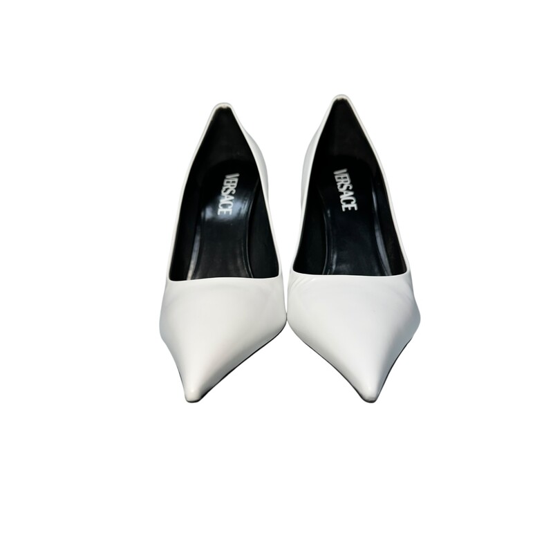 Versace Curved Pointed Heels<br />
White<br />
Silver Heel<br />
 Size: 38.5