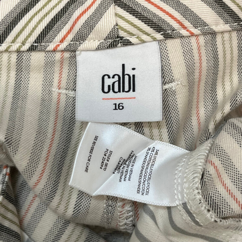 CAbi Convertible Striped Trouser<br />
Cream, Gray, Olive and Terracotta<br />
Tie Detail on Ankle<br />
Size: 16