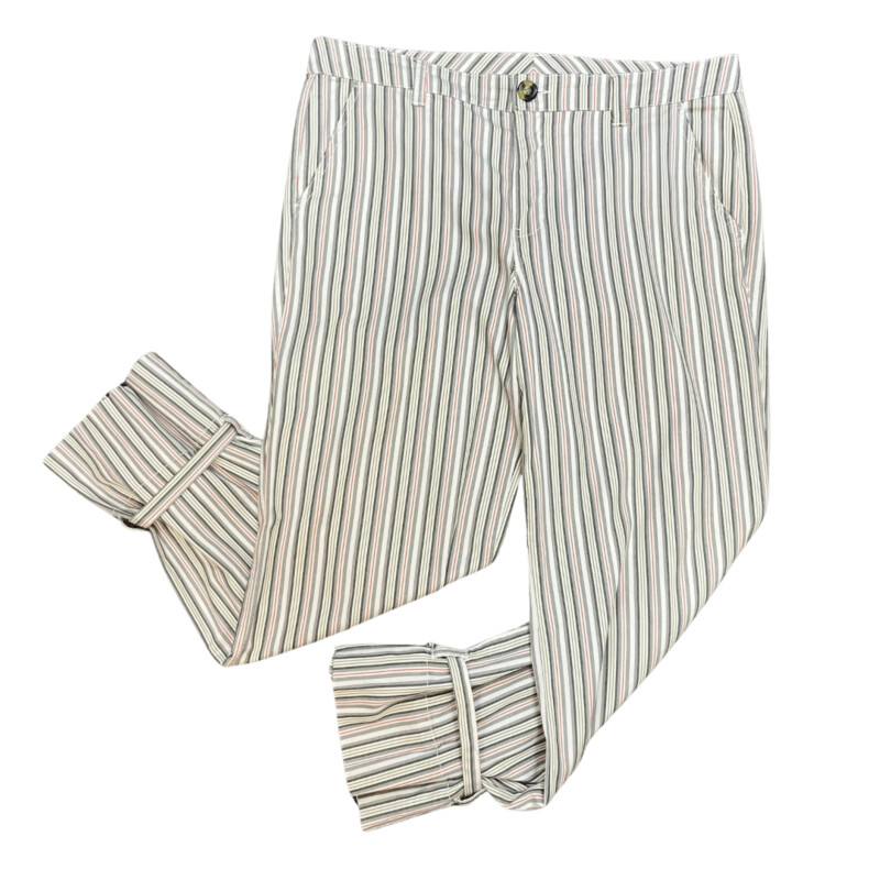 CAbi Convertible Striped Trouser<br />
Cream, Gray, Olive and Terracotta<br />
Tie Detail on Ankle<br />
Size: 16