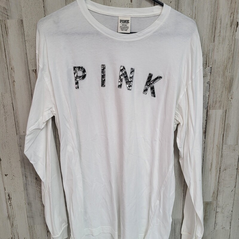 M White Sequin PINK Tee, White, Size: Ladies M