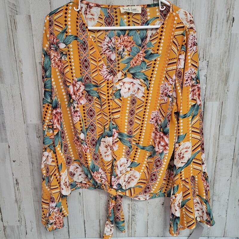 L Yellow Floral Tie Top, Yellow, Size: Ladies L