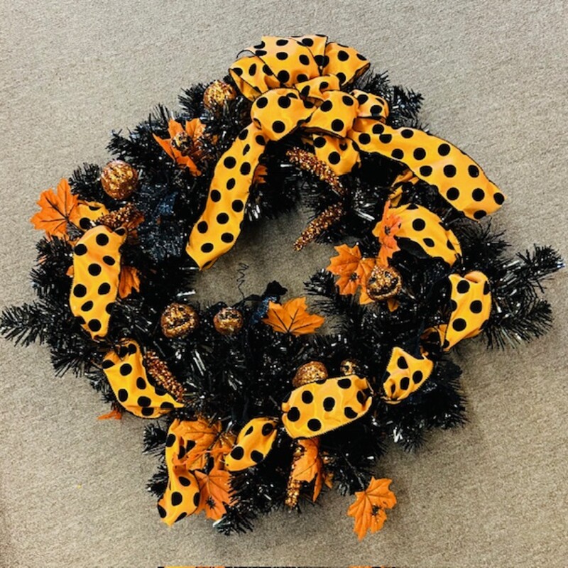 Polka Dot Jack-o-Lantern  Halloween Wreath
Black Orange
Size: 23 x 26H