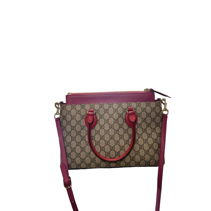 Gucci Supreme Red and Magenta<br />
 Detachable strap<br />
Top Zip closure<br />
Style Code:  409534 525040<br />
Minor peeling by the strap buckle