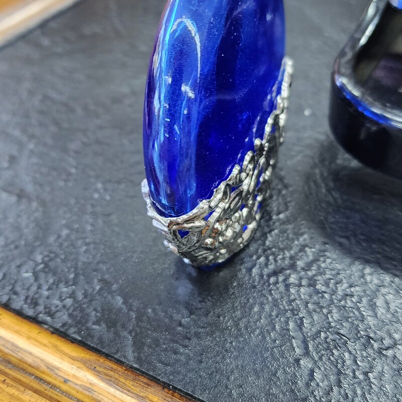 Perfume Bottle W/Metal Wrap, Cobalt, Size: 3.5 IN