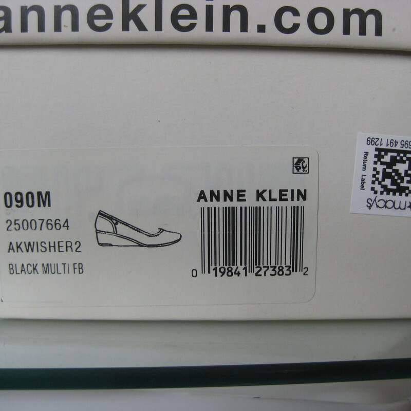 Smart looking and comfortable black wedges from Anne Klein with Ifex technology.<br />
This pair is brand new size 9<br />
Squared off toe, water resistant material with practical patent cladding at the back.<br />
<br />
The box is shown in my photos for information purposed ONLY.<br />
I will not ship these in the box.<br />
If you wish me to send them in the box, pls communicate with me before purchasing as the shipping cost will have to be adjusted.<br />
<br />
Thanks for looking!<br />
#76588