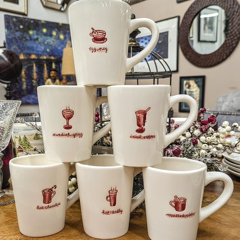 Set of 6 William Sonoma Holiday Hot Drinks Mugs
Cream Red
Size: 5 x 3.5 x 4H