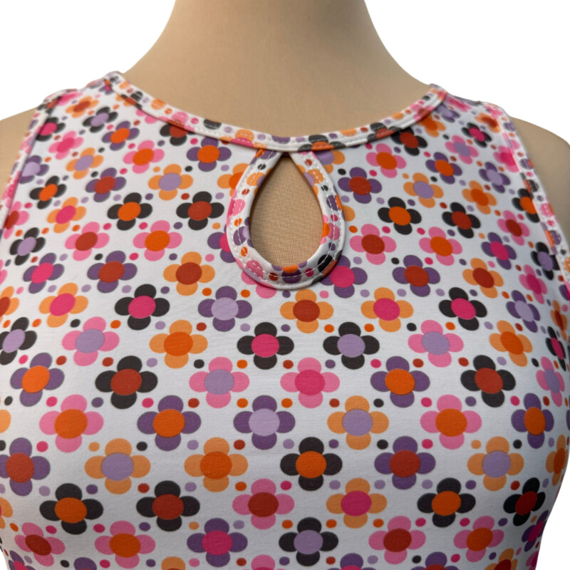 Nuu Muu Active Dress<br />
Keyhole Detail<br />
Pixie/Charmed 2012 Design<br />
White with Pink, Orange, Lavender, Red and Brown Size: Small