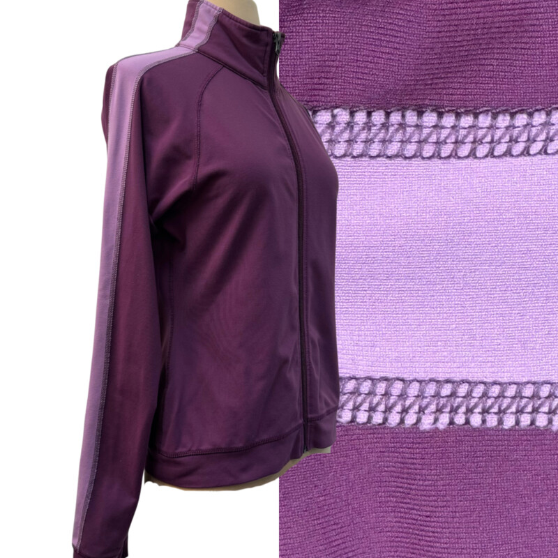 Lululemon Zip Jacket<br />
Colorblock Design<br />
Zipper Pocket on Sleeve<br />
Lavender and Lilac<br />
Size: Medium